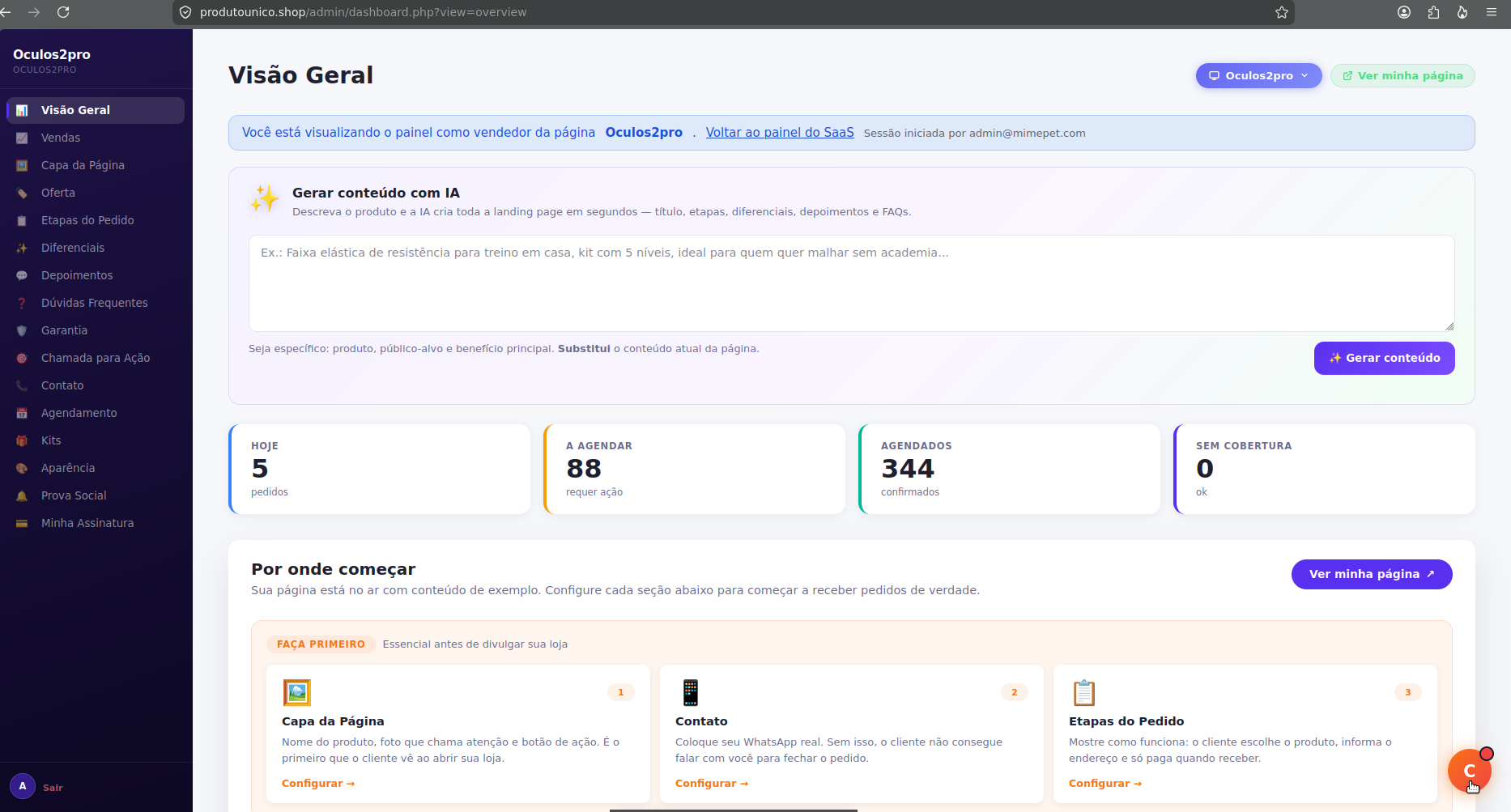 Visao geral do painel com geracao de conteudo por IA